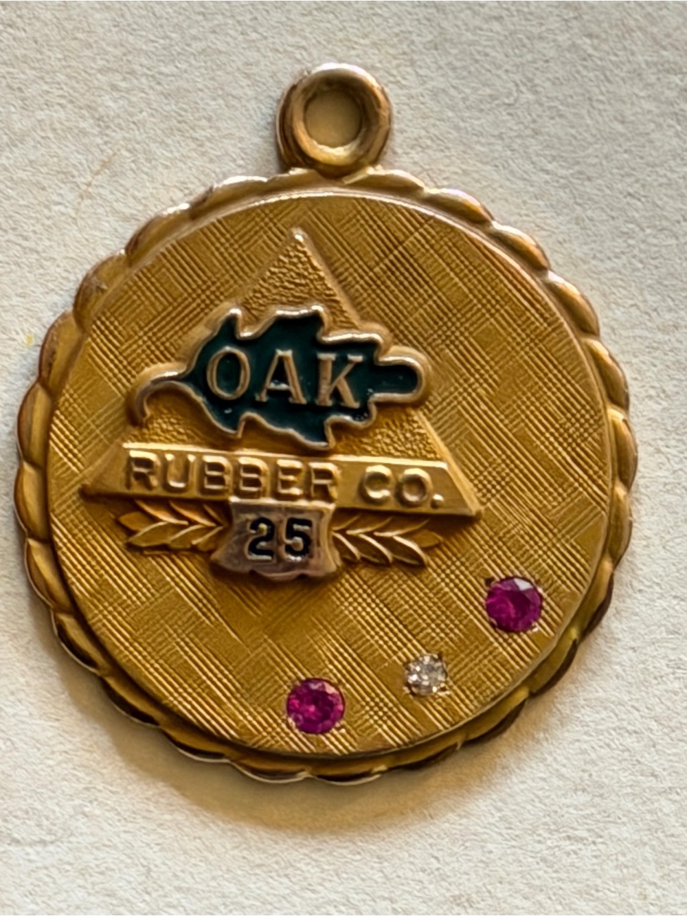 VTG Oak Rubber Co. Gold Award Pendant w/ Diamond & Rubies 5.2g 1/5 10kt Gold